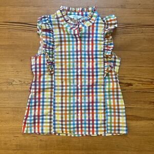 LaRoque Original sleeveless colorful check button ruffle neckline blouse SIZE S